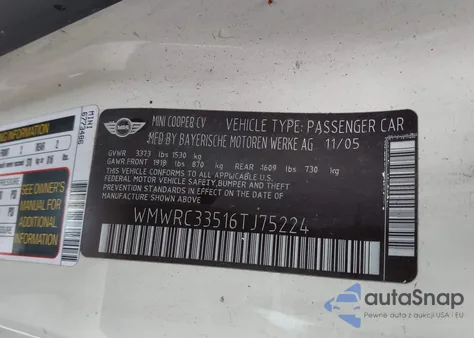 2006 Mini Cooper z USA, uszkodzony, nr VIN WMWRC33516TJ75224